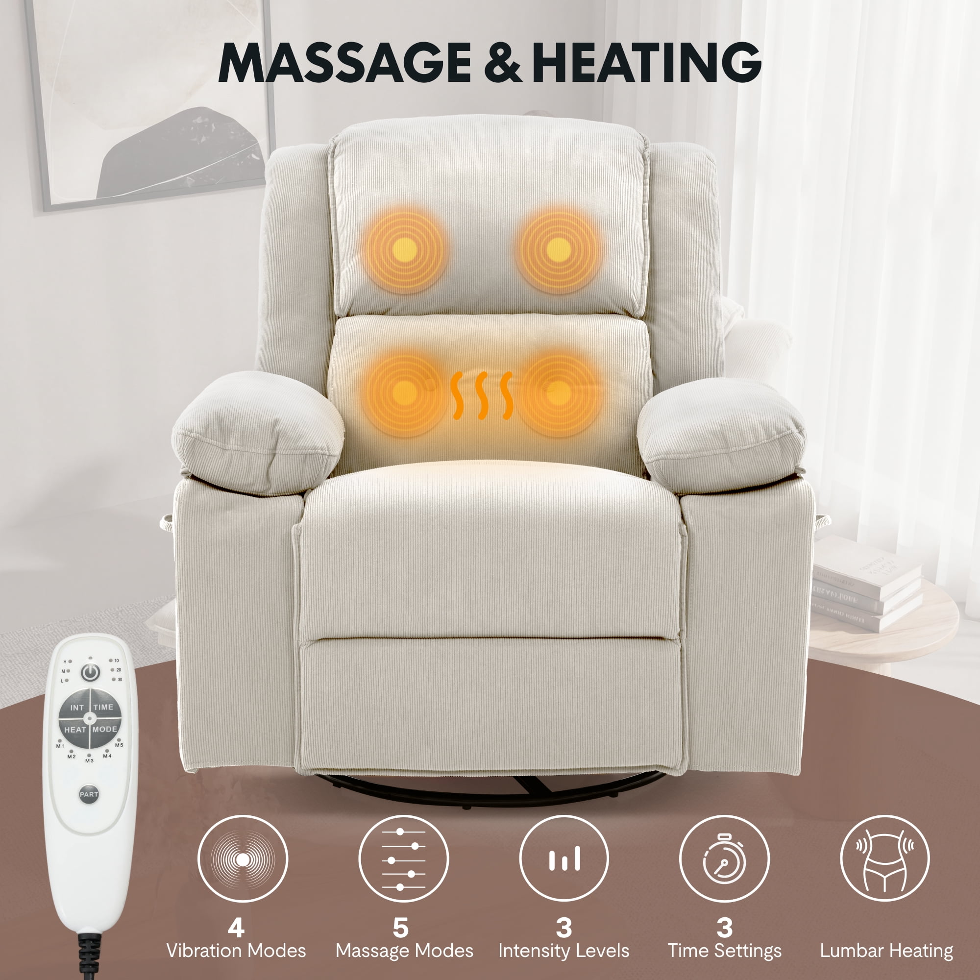 FlexiSpot Swivel Recliner Chair with Heat & Massage, 3-Position Adjustable Backrest, Soft Woven Fabric Nursery Glider with 360° Swivel, Wide Armrests, Large Side Pockets & 300 lbs Support,Beige