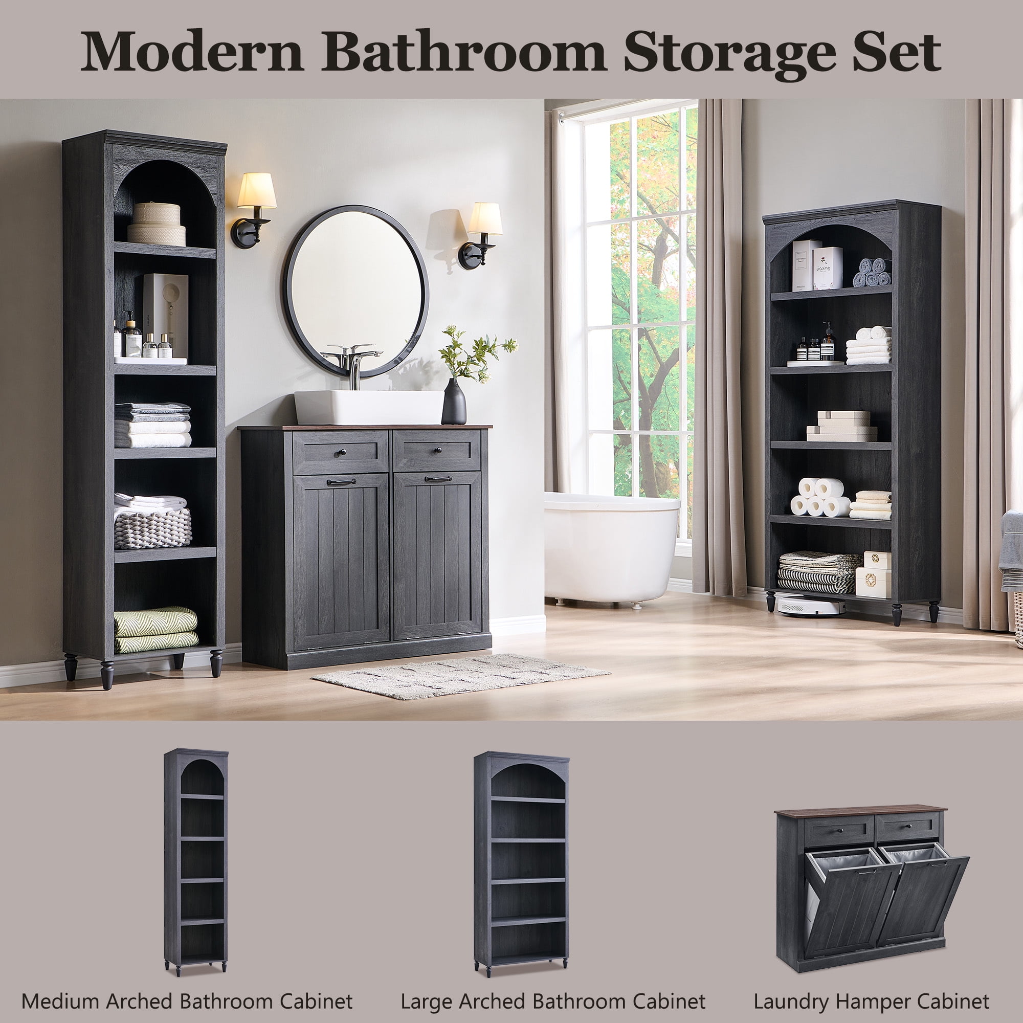 SinCiDo Arched Bathroom Storage Cabinet with Adjustable Shelves, 5-Tier Narrow Bathroom Cabinet for Bathroom, Kitchen, Living Room, Grey