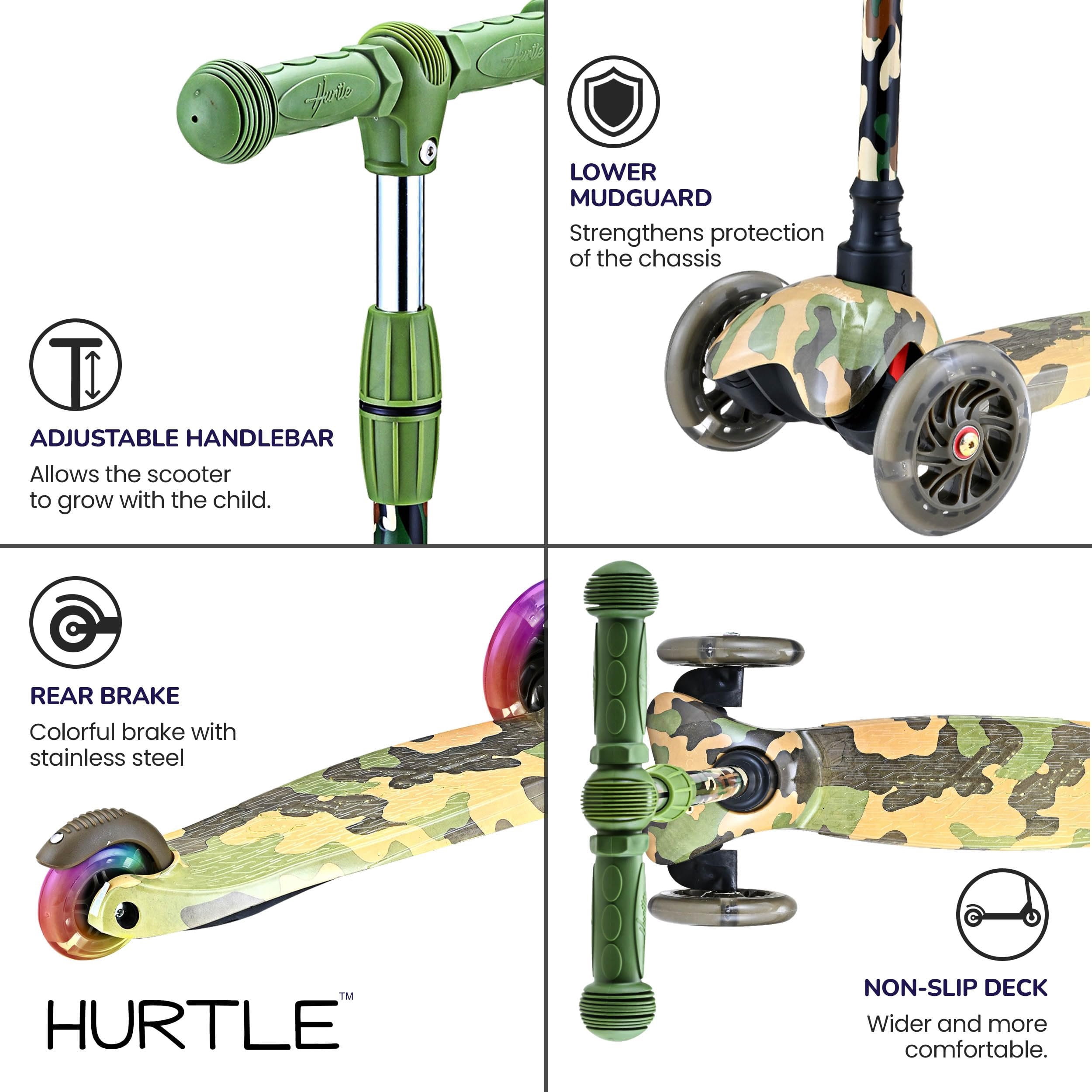 Hurtle Mini Kickboard Scooter for Kids - Height Adjustable 25''-28'', Lightweight 3-Wheels with LED Light-up, Anti-Slip,Indoor/Outdoor Fun, Micro-Scooter for Ages 2-5