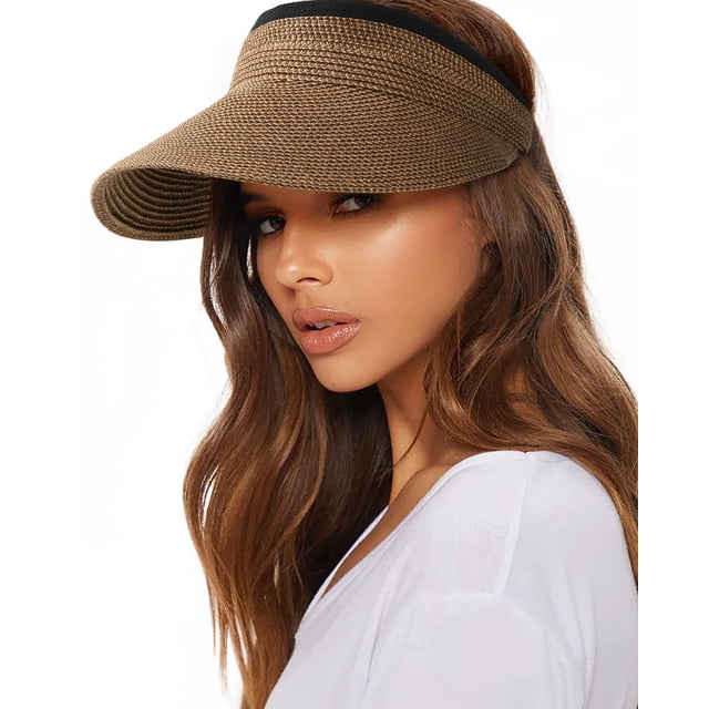 Sombrero con visera para mujer FURTALK, paja, verano, UPF 80+, marrón