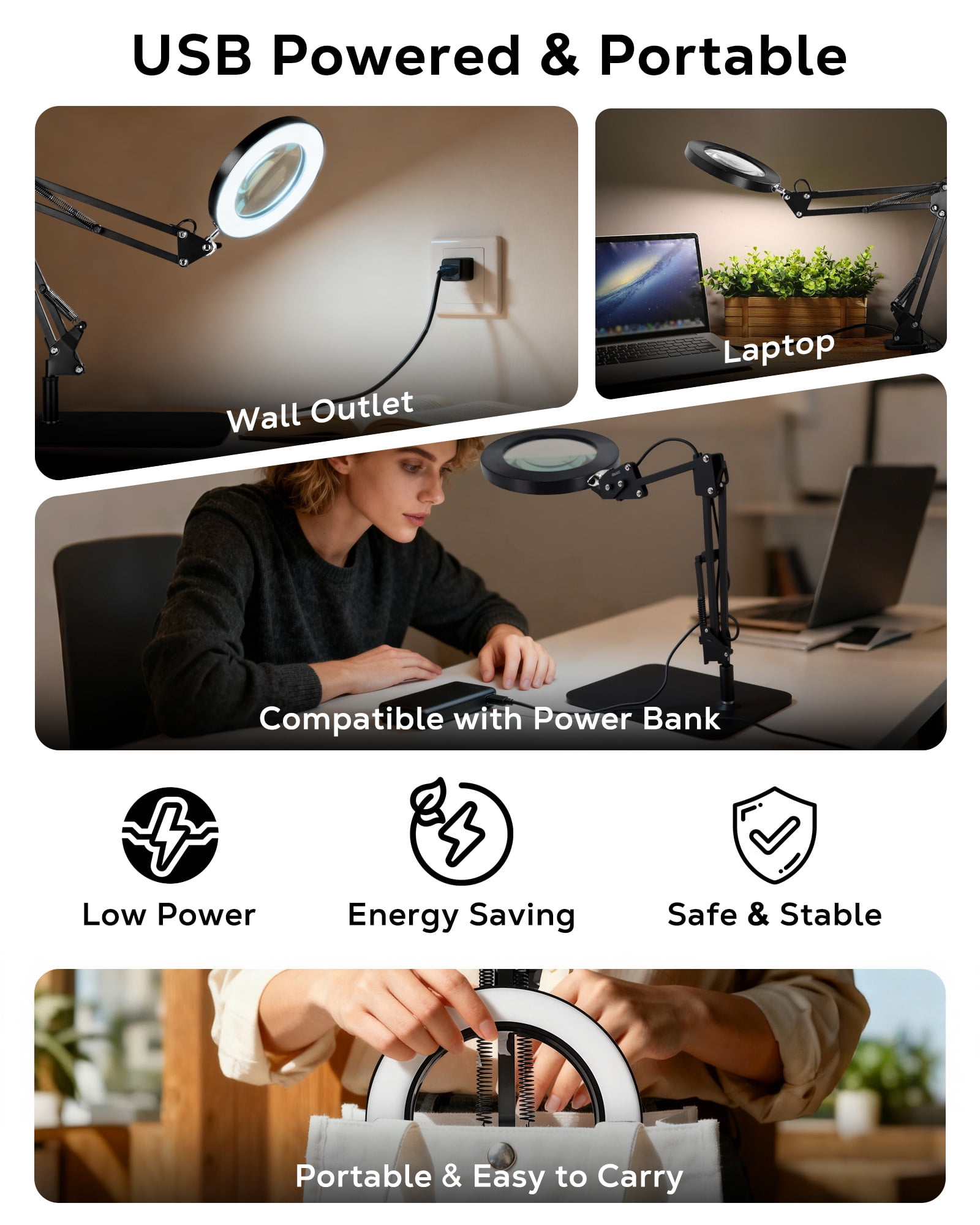 WEENEED 10X Magnifying Lamp with Light, Adjustable Swing Arm, Desk Base and Clamp, USB Powered for Reading, Crafts and Repair
