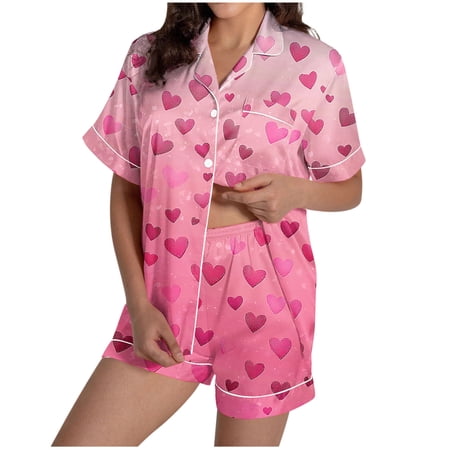 Wensltd Women Sleepwear Set Casual Valentine Print Collared Short Sleeve Top and Shorts Cozy Home Loungewear Soft Relaxed Fit Pink XXL