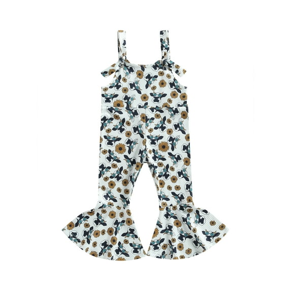 Arvbitana Toddler Baby Girl Suspender Jumpsuit Bull Head Floral Print Sleeveless Sling Flared Pants Casual Overalls for Children 6M-4T
