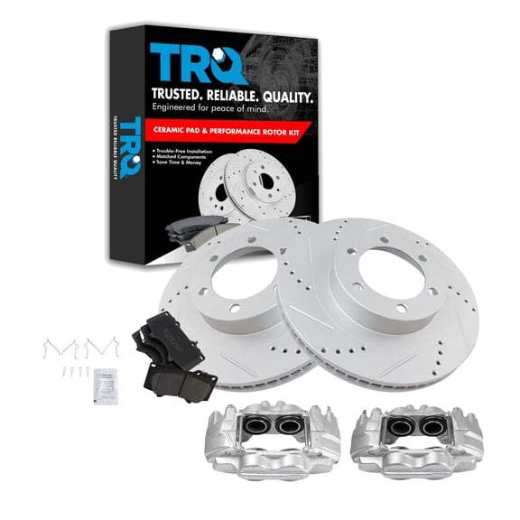 TRQ Front Performance Brake Pad & Rotor Kit Brake Caliper Brake Pads Brake Rotors Set Ceramic Vented Premium G-Coated Fits Select 2003-2009 Toyota 4Runner
