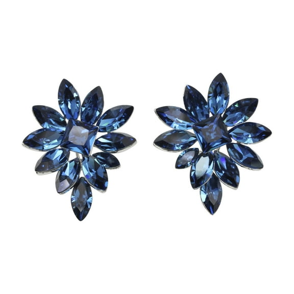 Faship Gorgeous Navy Blue Crystal Big Floral Cluster Pierced Clip Earrings