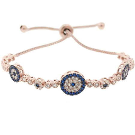 Pori Jewelers Blue CZ 18kt Rose Gold-Plated Sterling Silver Multi-Circle Friendship Bolo Adjustable Bracelet