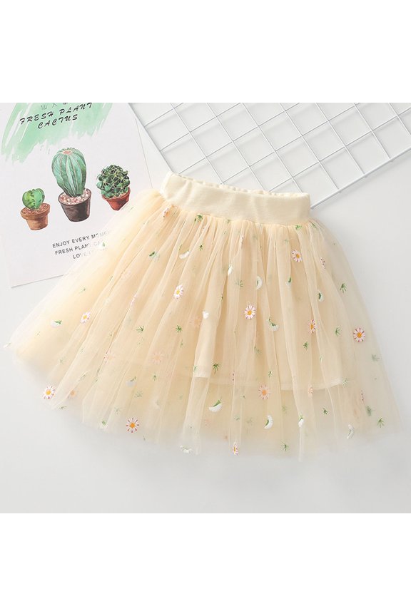 Girls Tulle Tutu Skirt High Waist Ballet Dance Dress Skirt Solid Color Net Yarn Crimping Daisy Embroidery Tulle Skirt for 6Y