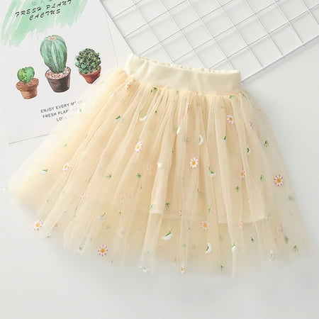 

IROINNID Mini Tutu Skirt For Toddler Girls Cute Party Dance Solid Color Net Yarn Crimping Daisy Embroidery Tulle Skirt Yellow