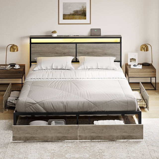 GUNAITO King Size Bed Frame with Headboard and 4 Storage Drawers LED Platform Bed Frame with Charging Station Brown