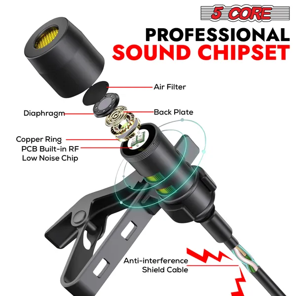 5 Core Professional Omnidirectional Lavalier Microphone 3.5mm Clip-On Lapel Mic for Smartphone DSLR Camera PC Interview Video Camcorders Audio Recorder CM Mob 2M