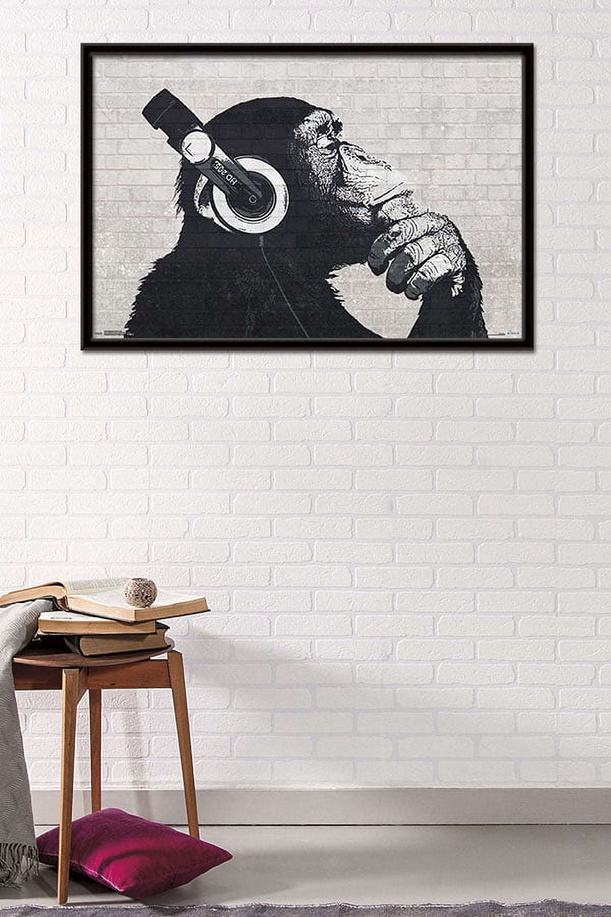 Chimp with Headphones on Wall Wall Poster, 22.375" x 34", Framed