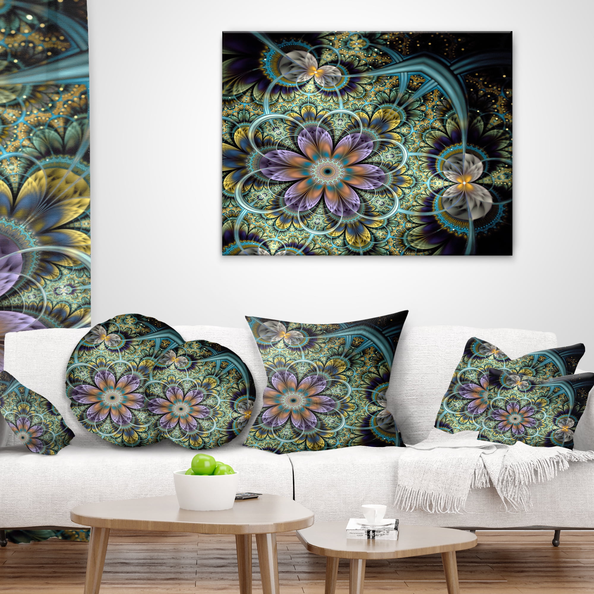 Designart Symmetrical Green Fractal Flower - Floral Throw Pillow - 16x16