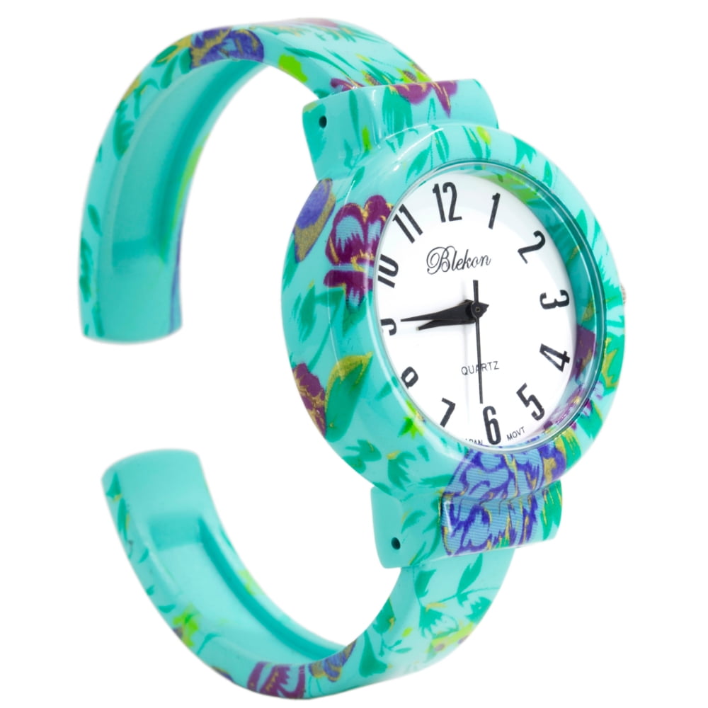Blekon Collections Women’s Cuff Bangle Watch – Elegant Flower Design Bracelet Timepiece, Fashion Jewelry Wristwatch for Ladies, Stylish Dress Gift, Multiple Design Options (Design 2)