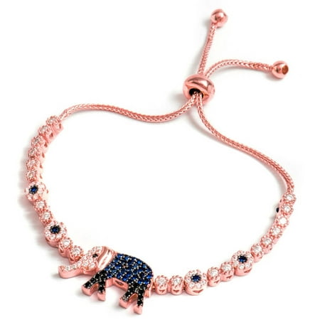 Pori Jewelers Blue CZ 18kt Rose Gold-Plated Sterling Silver Elephant Friendship Bolo Adjustable Bracelet