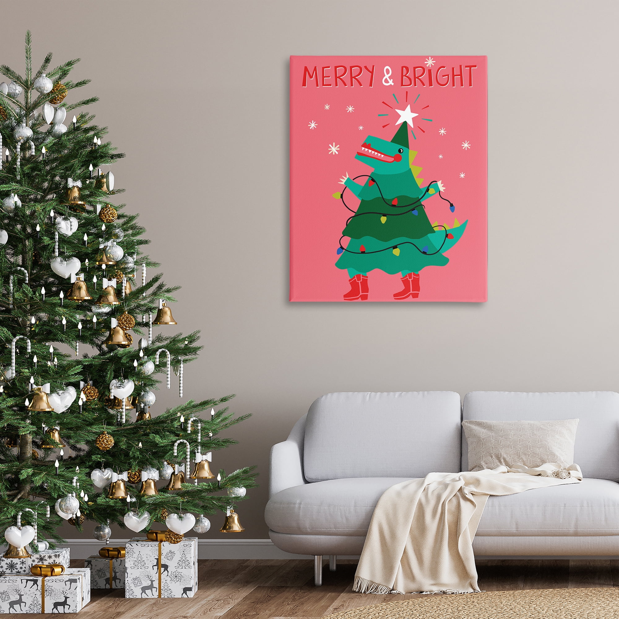 Stupell Industries Merry and Bright Dinosaur Holiday Painting Gallery Wrapped Canvas Art Prints Wall Art, 36 x 48