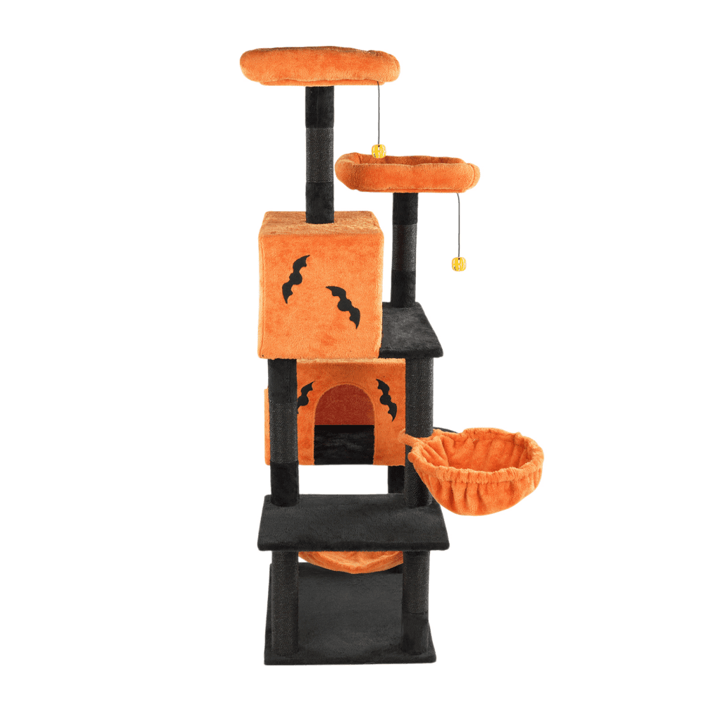 Tcbosik Halloween Cat Tree, 61" Cat Tower with Cat Condos, Padded Perches and Hammocks, Multi-Level Cat Activities Furniture with Scratching Posts and Hanging Balls, Orange & Black