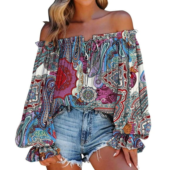 Women Summer Off Shoulder Shirt Floral Print Casual Long Sleeve Off Shoulder V Neck Tops Retro Ethnic Style Loose Blouse Features: Apparel Shirt Summer Tops for Women Casual Shirt Light Top Small