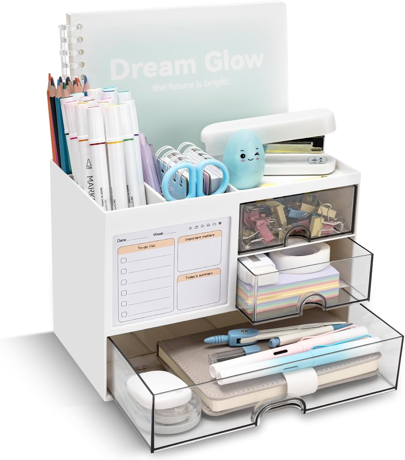 Innotech SC Desk Organizer with 3 Drawers, 8 Compartments β Multi-Functional Pencil & Pen Holder for Desk, Office, Home, and Art Supplies
