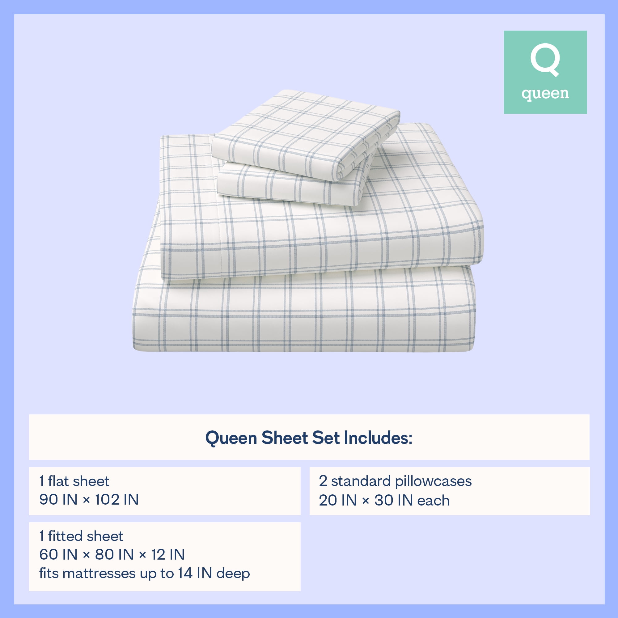 Mainstays Kids Microfiber Bed Sheet Set, Queen, Plaid, 4 Pieces