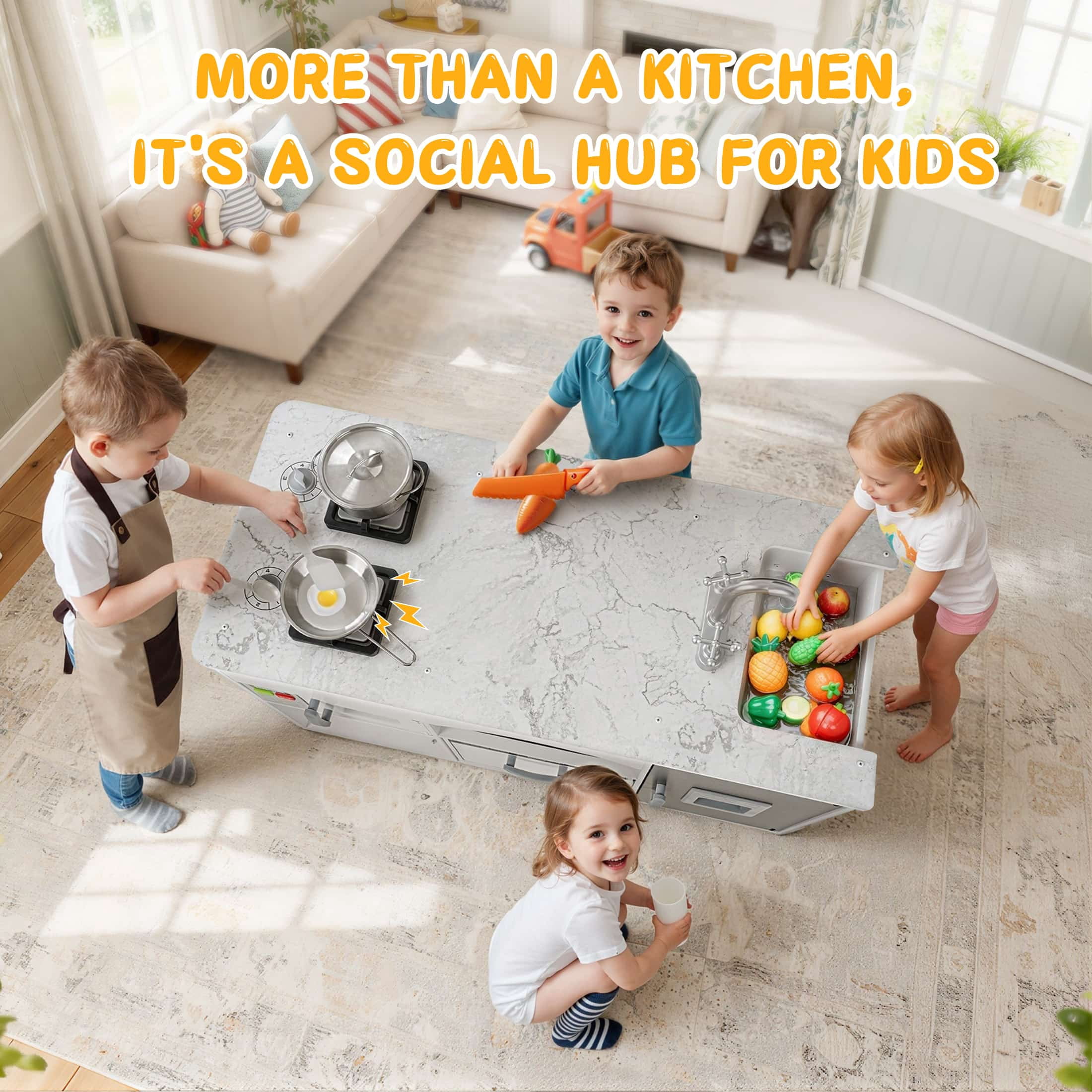 COCLUB Modern Wooden Play Kitchen Island for Kids, Pretend Play Center w/ Electronic Light & Sound Effects, Kids Kitchen Playset | Microwave, Washer, Ice Maker, Chalkboard & Accessories Included