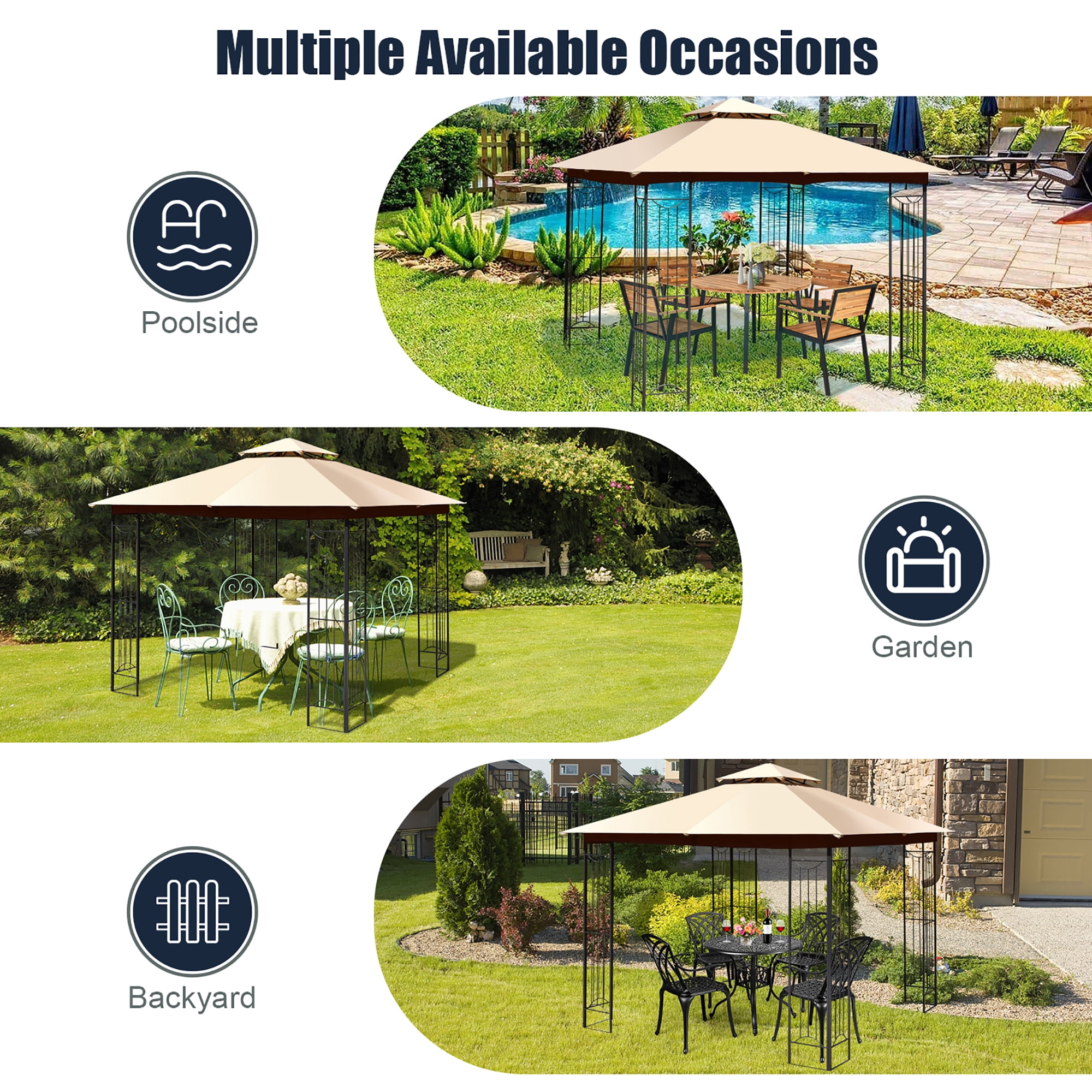 Costway 10' x 10' Patio Canopy Gazebo Outdoor 2-Tier Steel Tent Heavy-Duty L-Shaped Beige