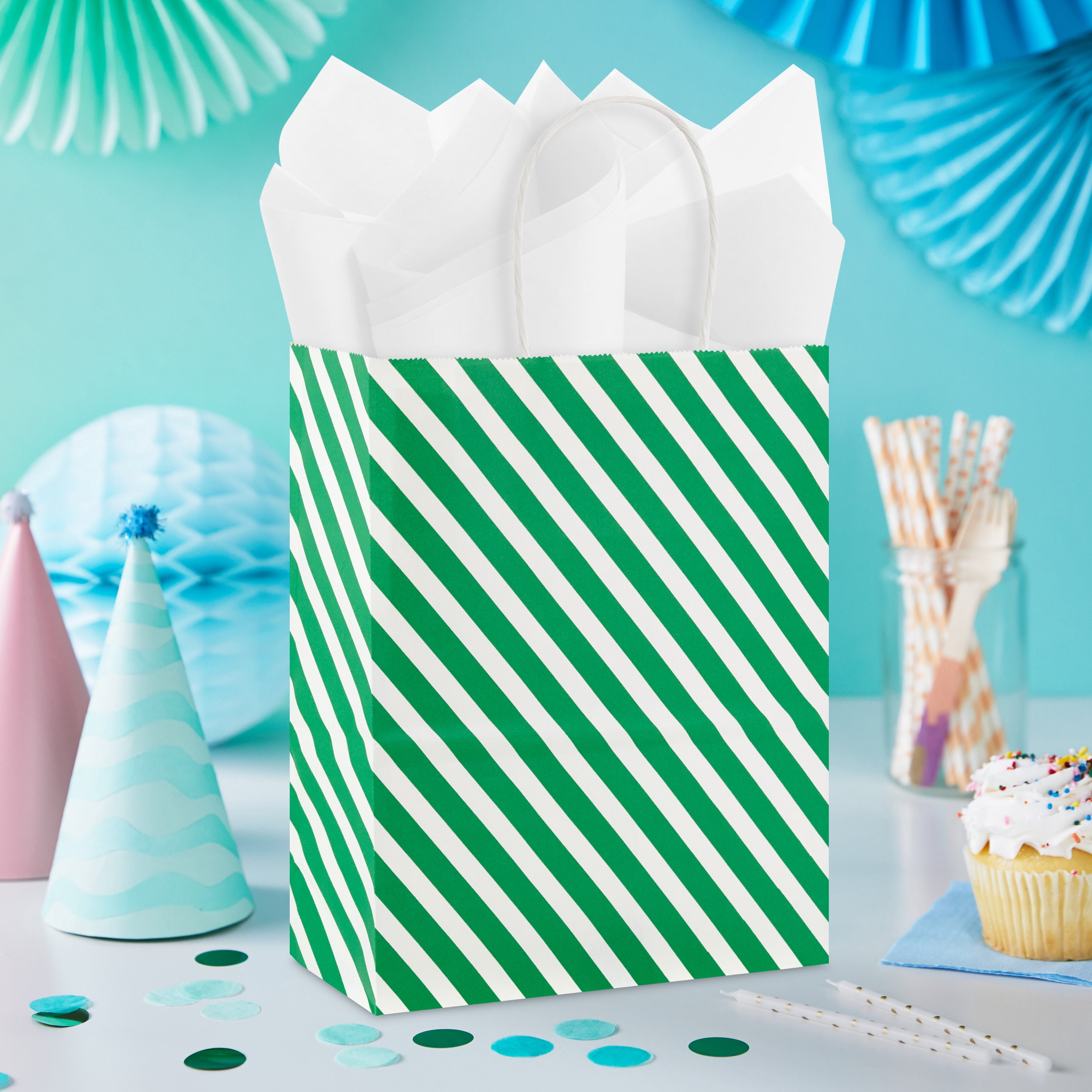 Hallmark Medium Gift Bag (Green and White Diagonal Stripes)