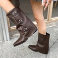 thumbnail image 5 of Vibrex Women Slouchy Mid Calf Boots Casual Pointed Toe Pull On Boots Fold Over Metal Buckle Comfortable Boots Low Heeled Fall Winter Fashion Boots, 5 of 9