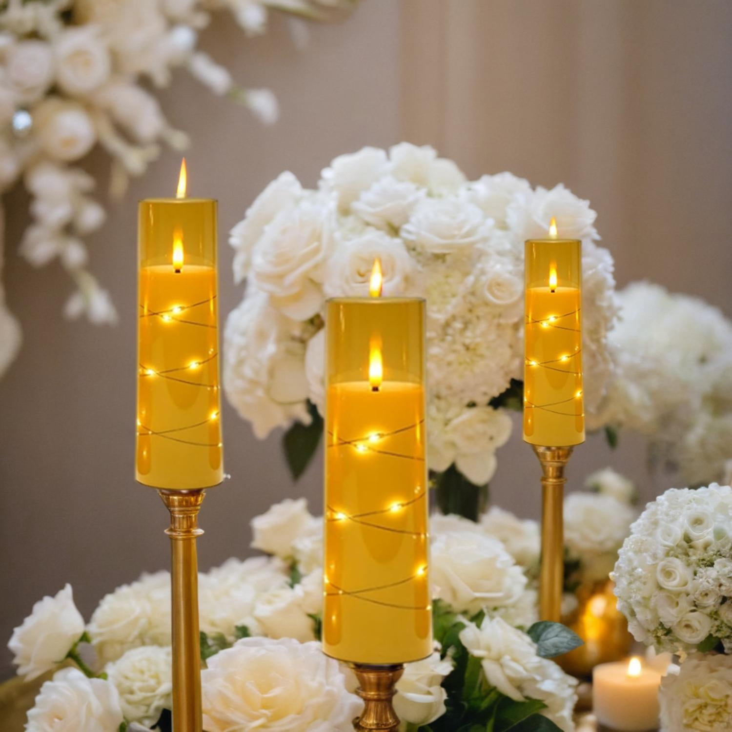Flameless LED Candles with Timer 5 Pc Flickering Flameless Candles for Romantic Ambiance and Home Decoration Stable Acrylic Shell,with Embedded Star String，Battery Operated Candles