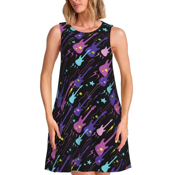 Balery Colorful Guitar Vestidos de verano para mujer con estampado: vestido holgado sin mangas, vestido playero informal y cómodo para días calurosos.