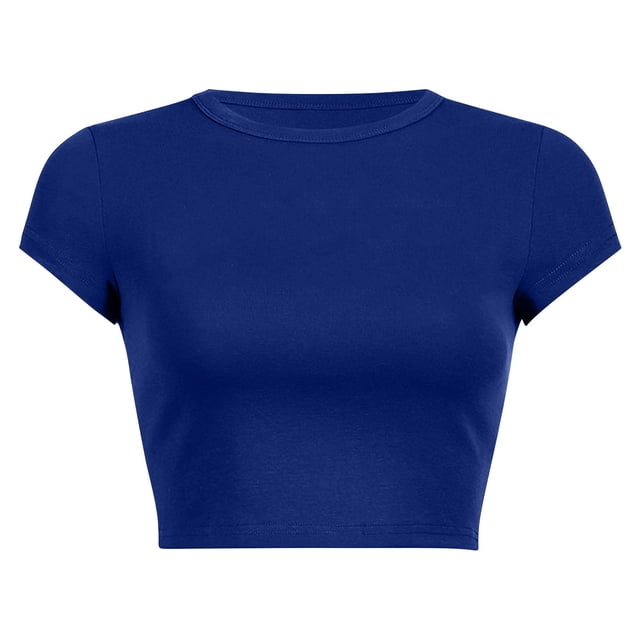 Prolriy Hauts d'Été pour Femmes 2025 T-Shirt Court à Col Rond Uni d'Été pour Femmes Hauts Bleus2 TG