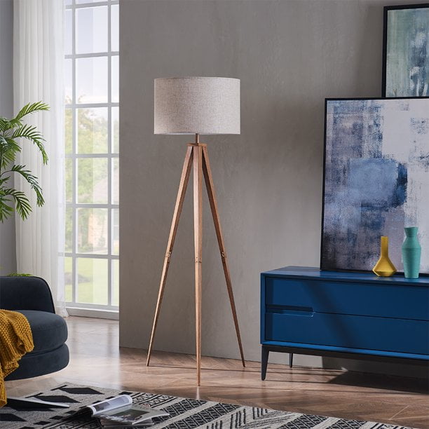 Rosen Garden Floor Lamp with Tripod Legs and Drum Shape Shade for Modern Living Room in Brown Beige Color