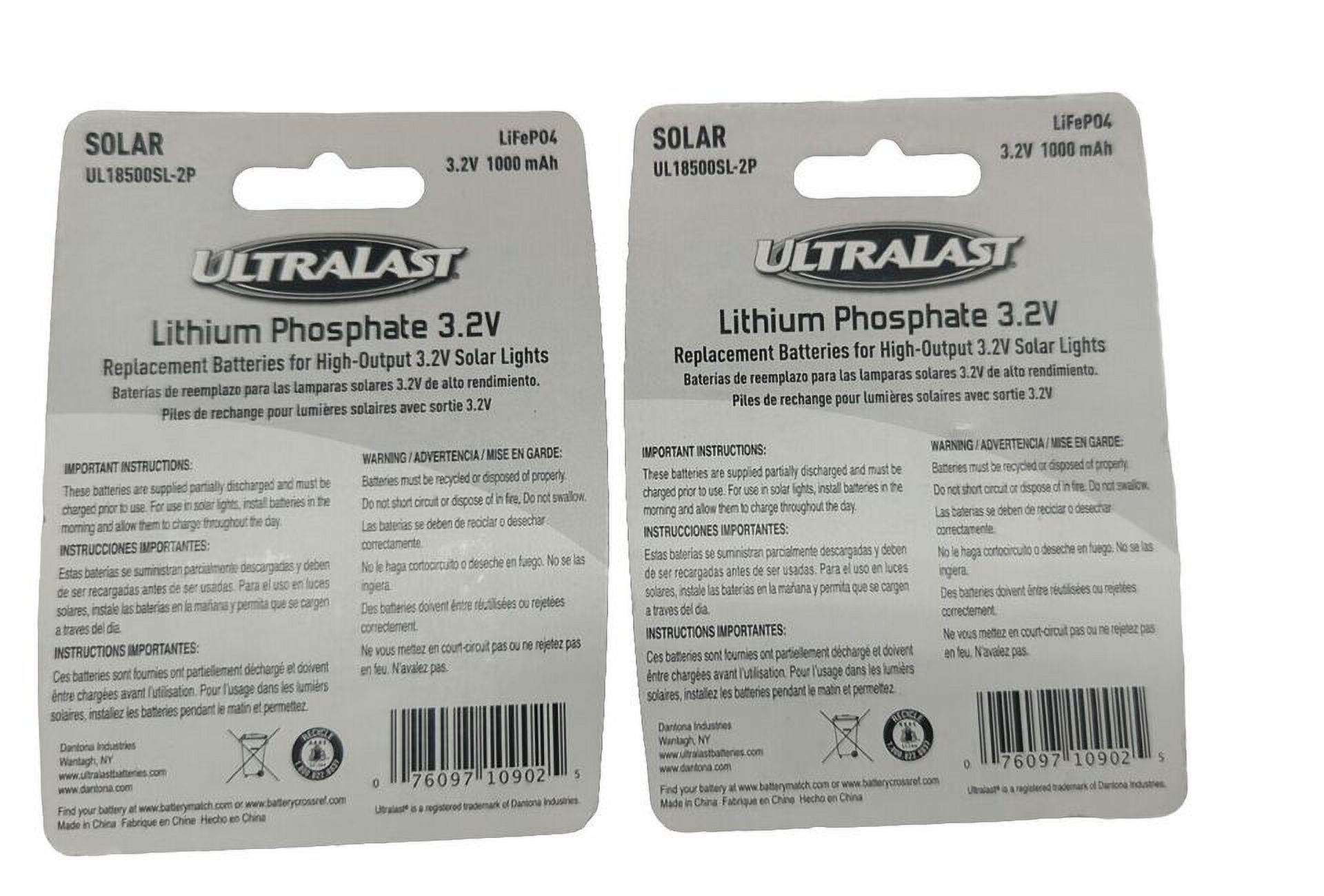 ULTRALAST High-Capacity 18500 LiFePO4 Batteries, 3.2V 1000mAh, 4-Pack for Solar Lights