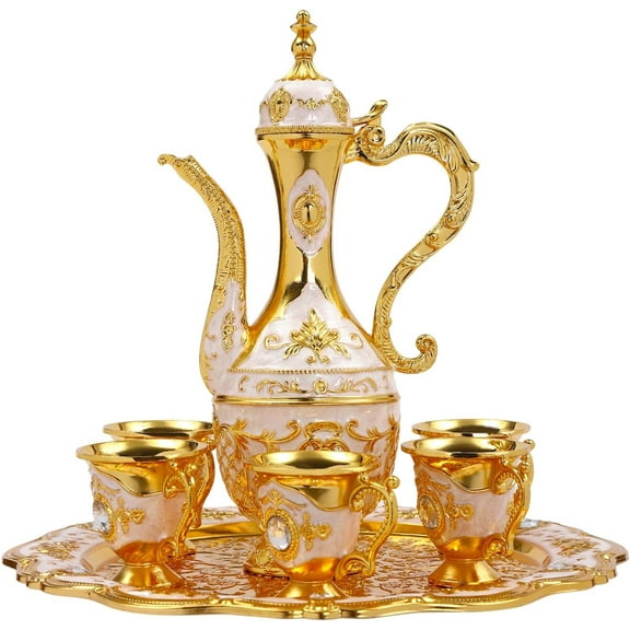 Turkish Tea Set, Large Capacity Metal Teapot Multifunctional Wine Set Vintage Carved Coffee Set with Tray and 6 Cups for Wedding Party Restaurant Home Use, Gold White