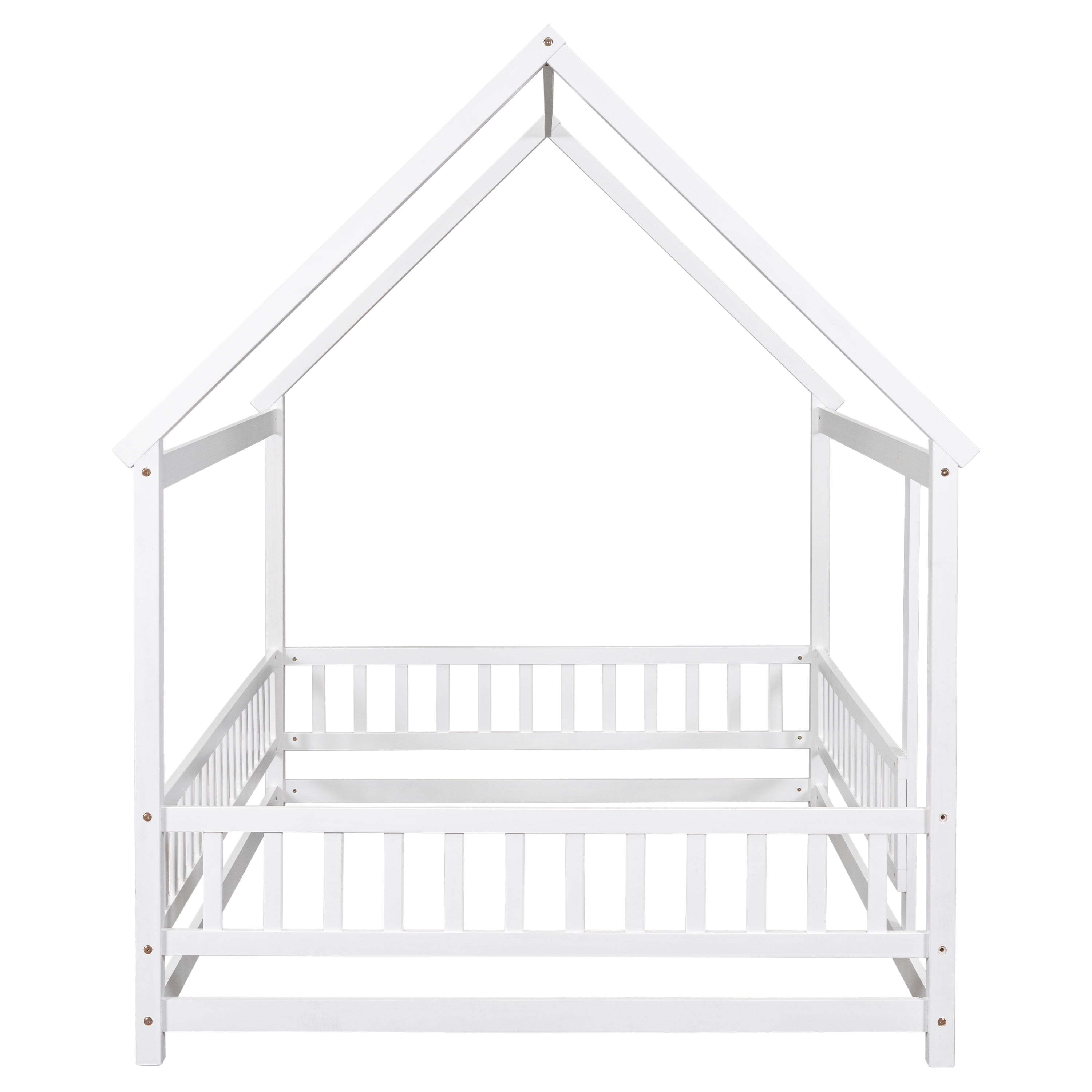 Miniyam Full Size Toddler Bed , Wood Floor House Bed with Rail for Kids, White