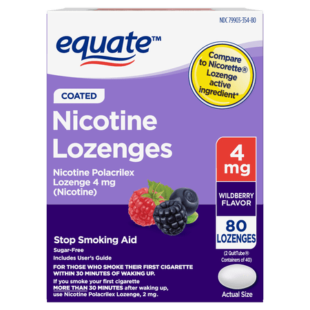 Equate Nicotine Polacrilex Coated Lozenge, 4 mg, Wildberry Flavor, Stop Smoking Aid, 80 Count