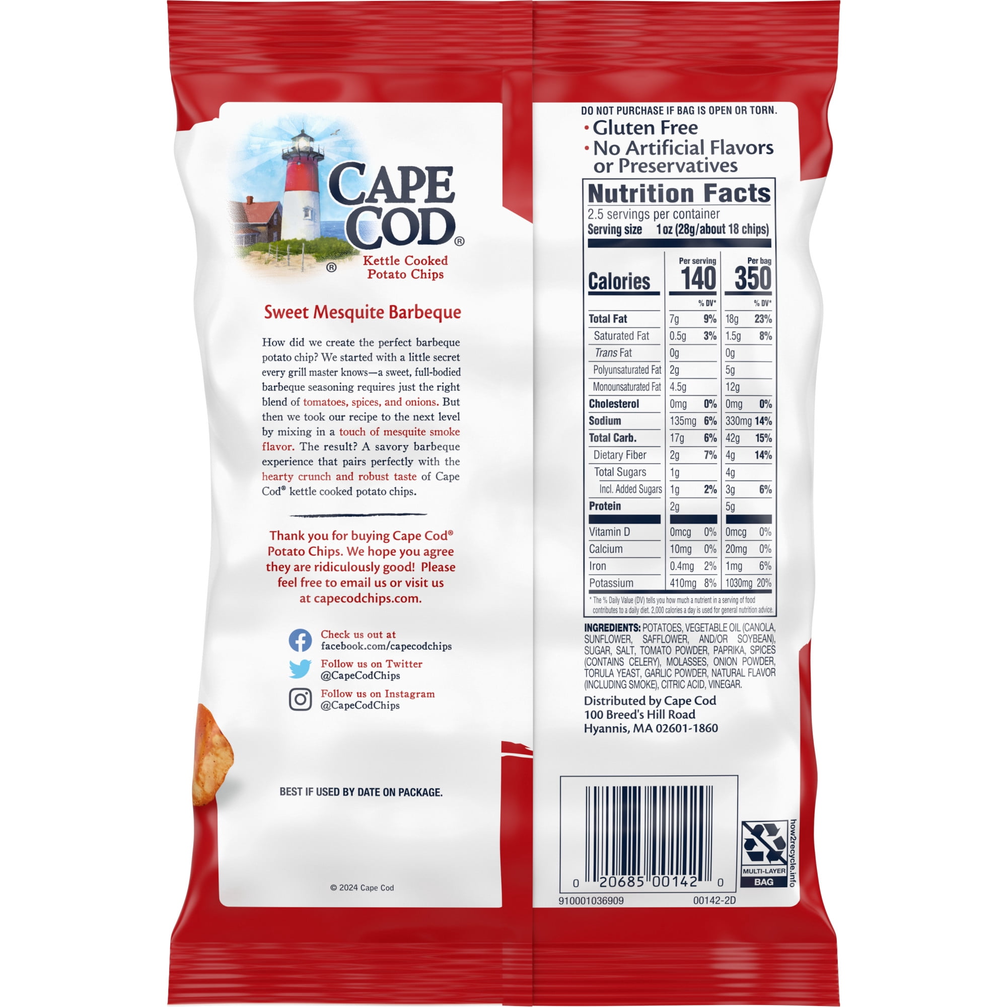 Cape Cod Potato Chips, Sweet Mesquite Barbeque Kettle Chips, 2.5 oz