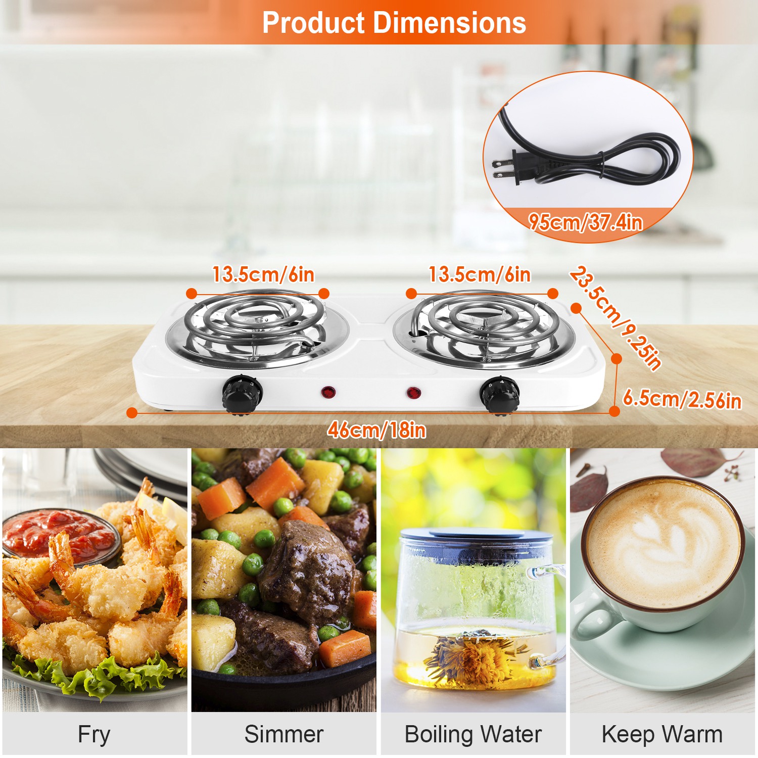 Double Burner Electric Hot Plate 2000W Portable Stainless Steel Countertop Stove with 5 Temperature Levels Fast Heating Dual Cooktop for Home  Dorm RV Camping
