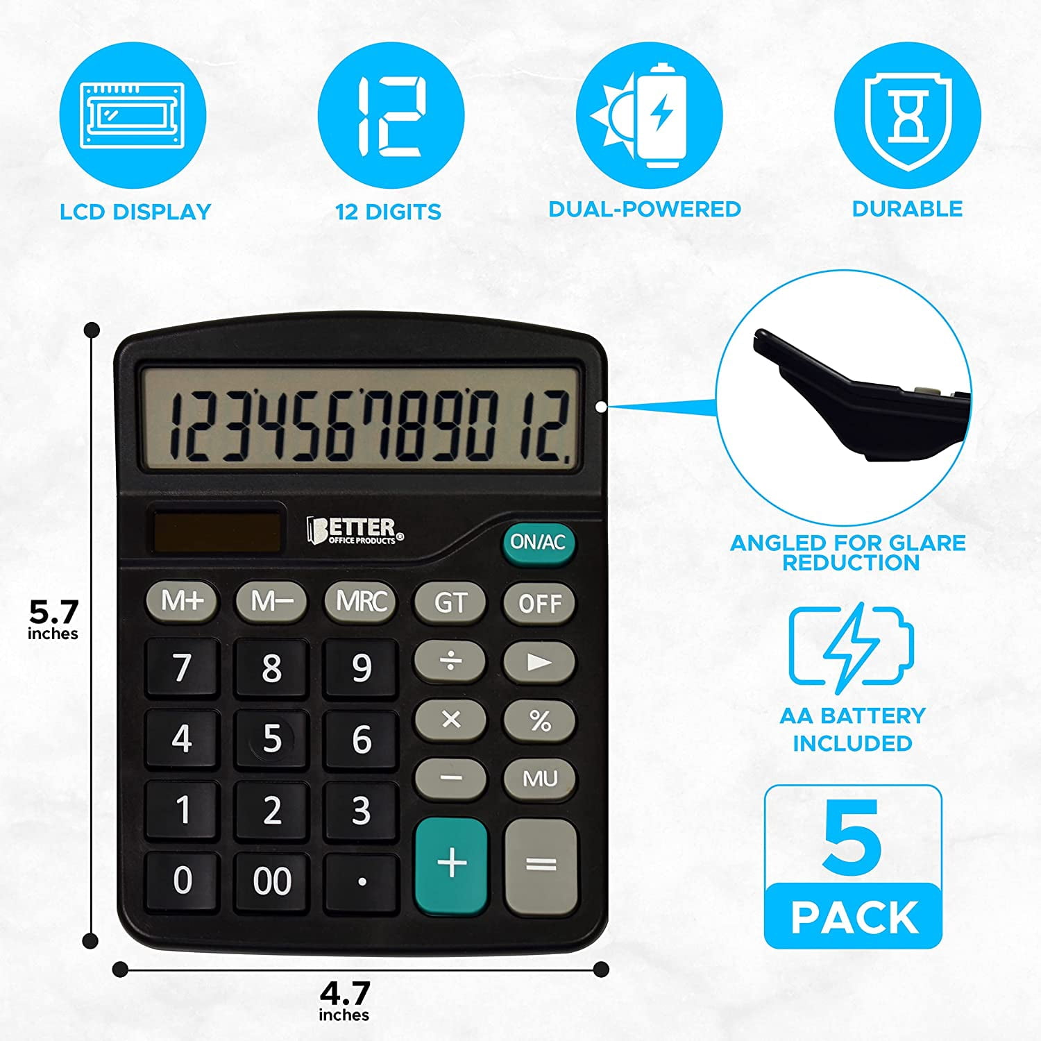 Large Desktop Calculators, 5 Pack, 12-Digit LCD Display, Angled Display Panel, Standard Function, Black, Dual Power with Included AA Battery Power, Pack