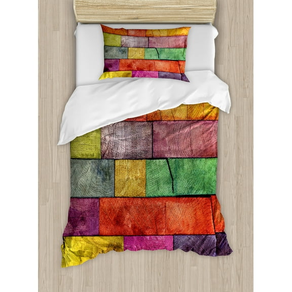 Rustic Duvet Cover Set Twin Size, Vivid Colored Several Equally Pieced Timber Construction Vertical Column Countryside, Decorative 2 Piece Bedding Set with 1 Pillow Sham, Multicolor, by Ambesonne