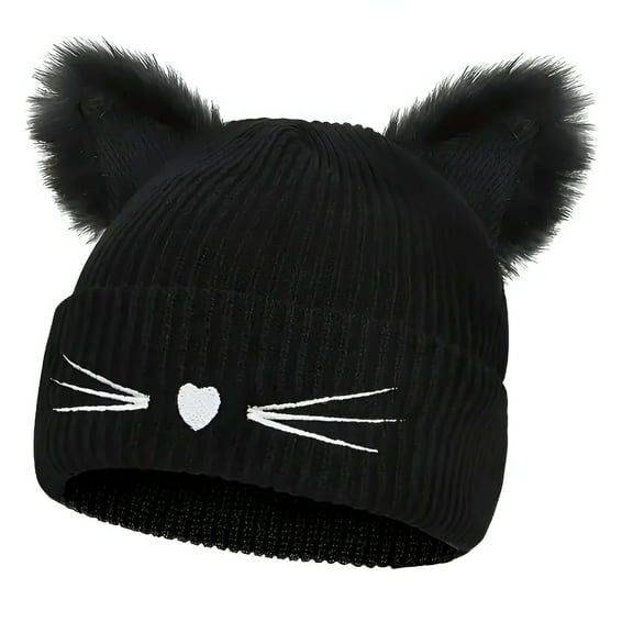 TELOLY Women's Cat Beanie Crochet Hats with Ears Knitted Black Cat Hats Winter Cute Y2k Cat Ears Beanie for Adults