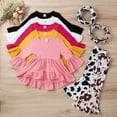 thumbnail image 4 of SYNPOS Toddler Baby Girl Fall Clothes Ruffle Long Sleeve T Shirt Tops Cow Print Flare Pants 3 Pieces Outfit Set 9M-4T, 4 of 13