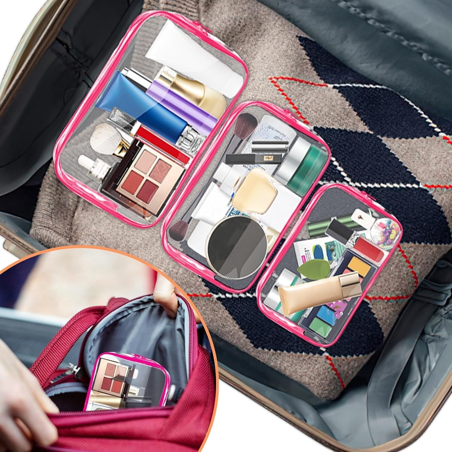 PandaTop 3 Pack Clear Travel Toiletry Bags for Men Women, TSA Approved Toiletry Bag Transparent Portable Travel Makeup Bags Set, Carry on Travel Accessories Bag with Zipper(Red, 3 Size )
