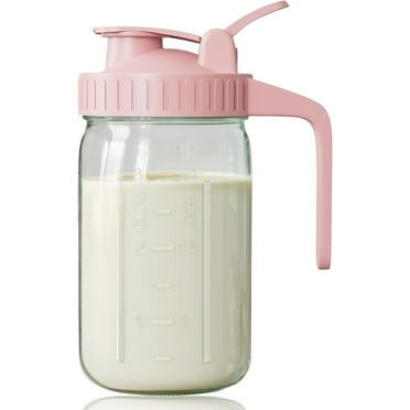Breast Milk Pitcher 32oz Mason Jar with Wide Mouth and Handle-Pink Glass Pitcher with Flip Cap Lid and Pour Spout Airtight Seal for Cold Beverages
