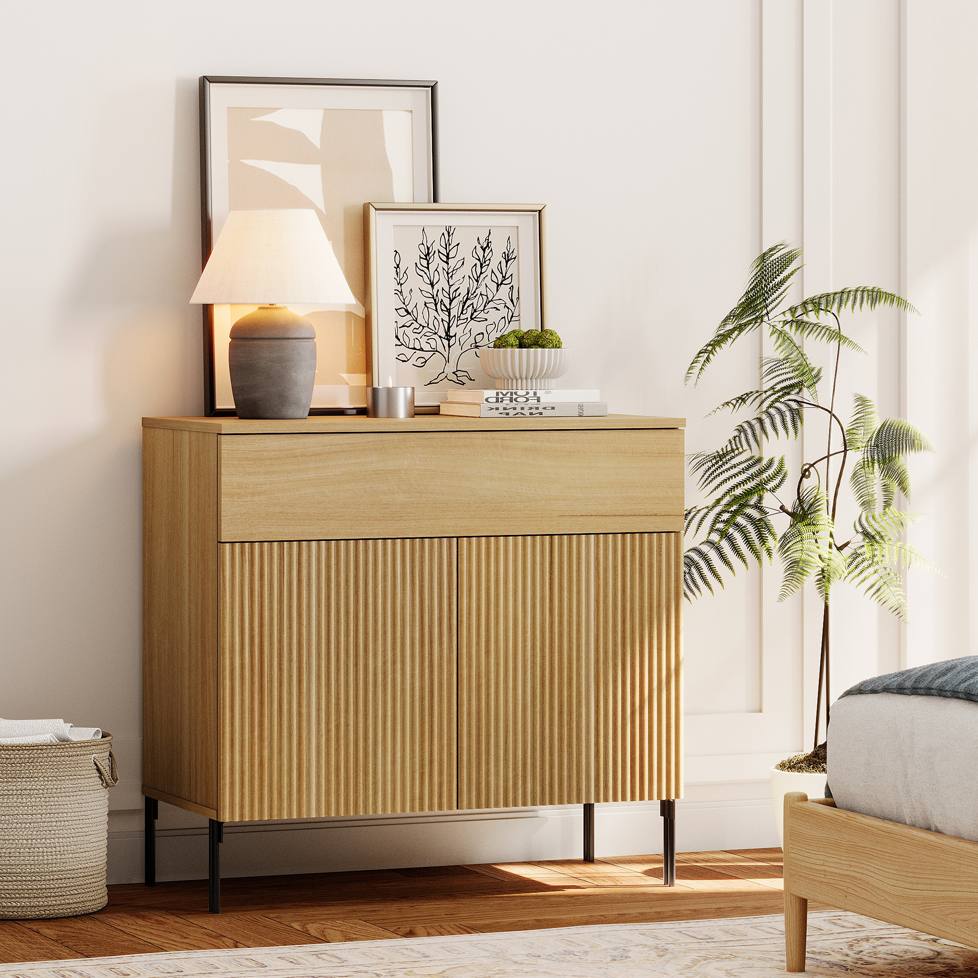 Modern Minimalist Nightstand,31.5" Wood End Table,Reeded Design Bedside Table for Bedroom, Living Room,Entryway