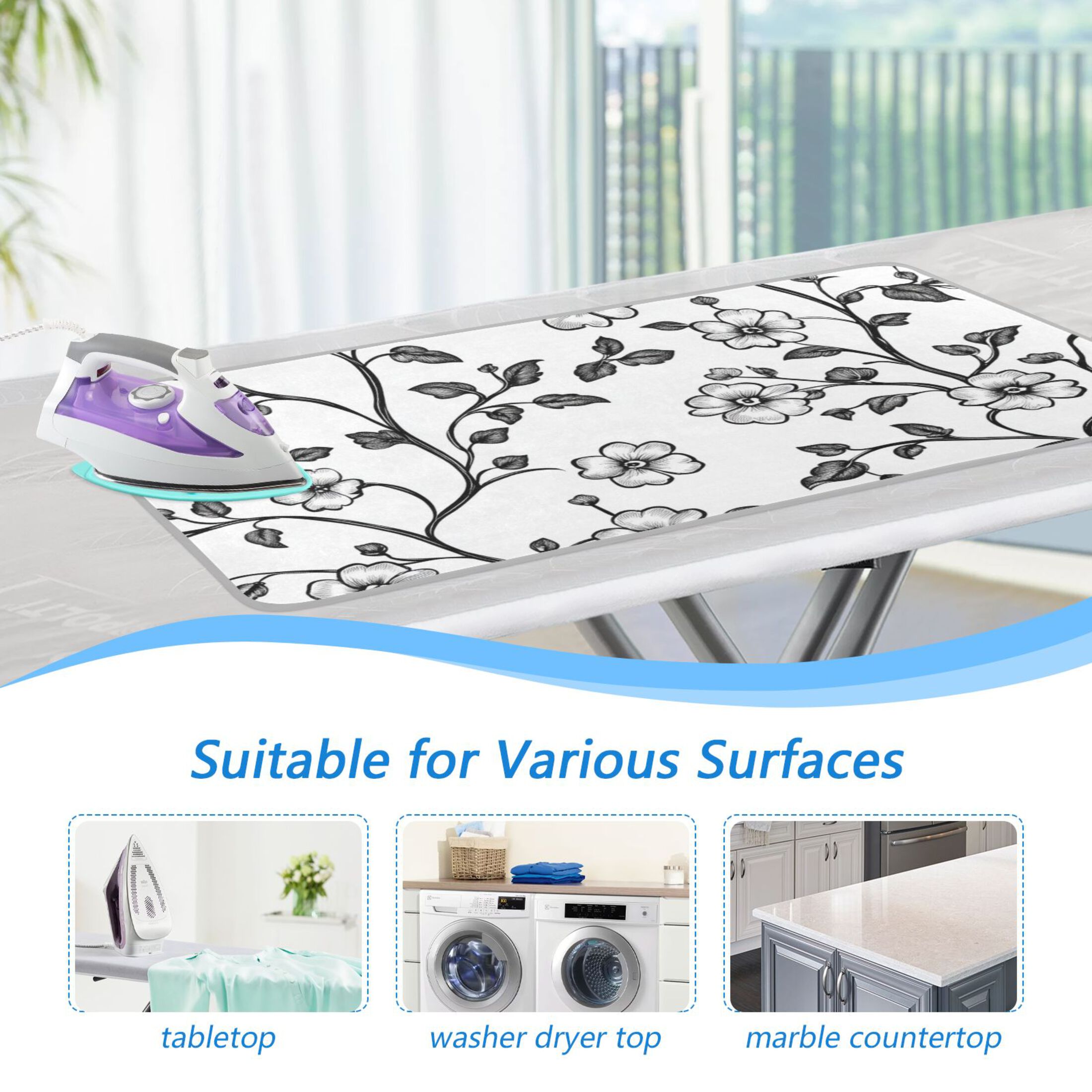 Monochrome Florals and Leaves Ironing Mat Blanket Portable Travel Ironing Pad Heat Resistant Pad 47.2" x 27.6”