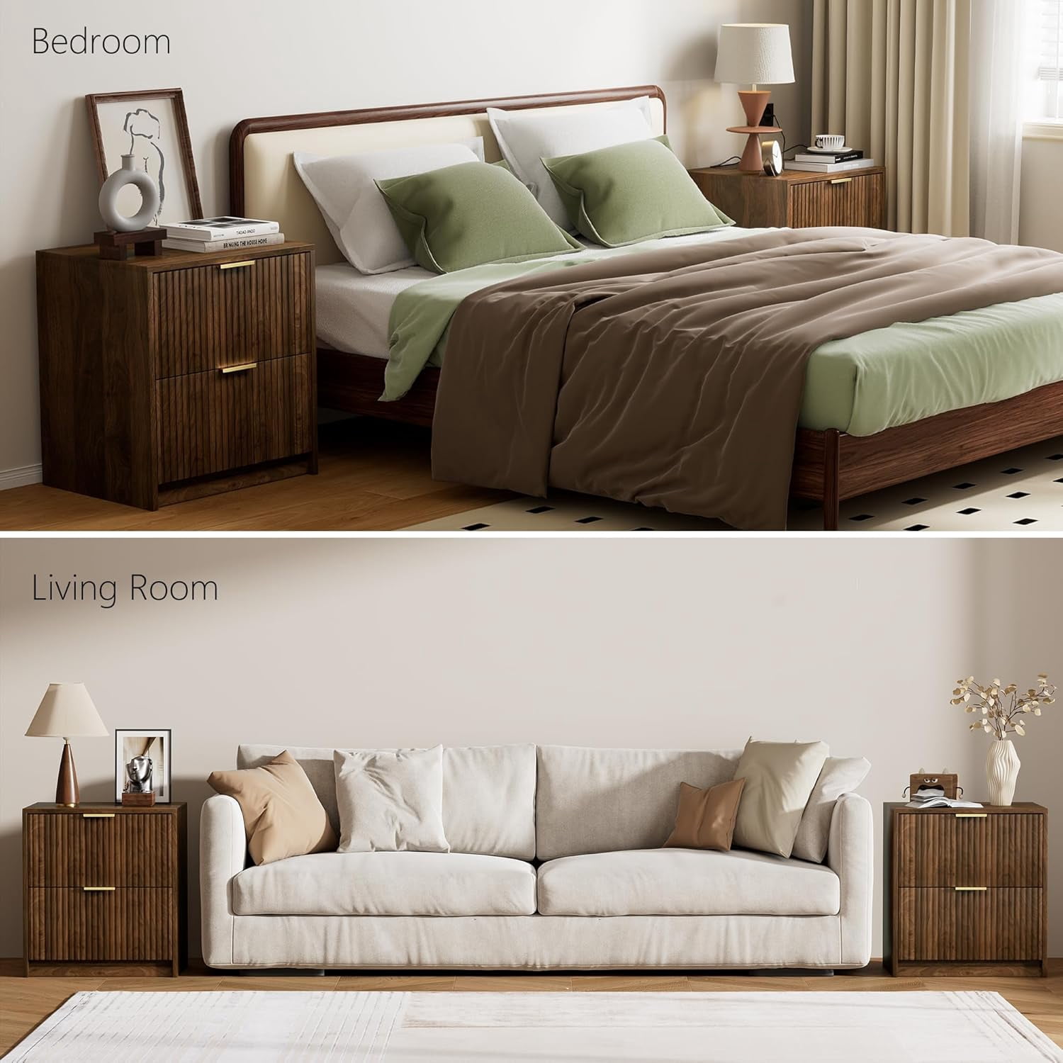 FURNIWAY Set of 2 Fluted Nightstand with 2 Drawers, Modern Storage Bedside Table with Golden Metal Handles, Wooden End Table for Bedroom, Living Room,Walnut