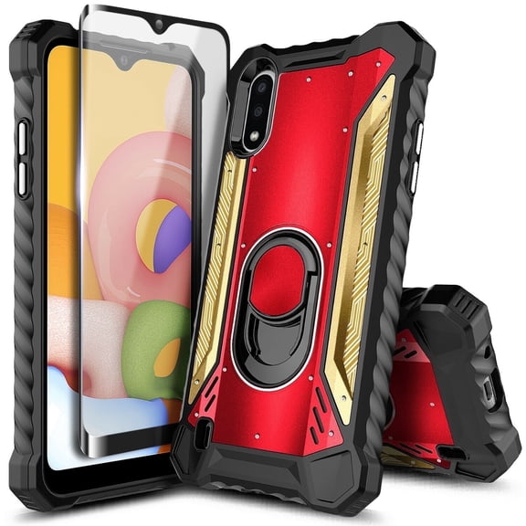 For Samsung Galaxy A01 Case with Tempered Glass Screen Protector (Full Coverage), Aluminum Metal Built-in Ring Stand, Full-Body Protective Shockproof Military Bumper Phone Cover (Red/Gold)