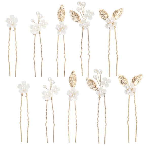 10Pcs Gold Flower Beaded Hair Pins Clips Headpiece Set Glitter Golden Floral Leaf Pearl Rhinestone Decorative Barrette u Shape Bobby Pin