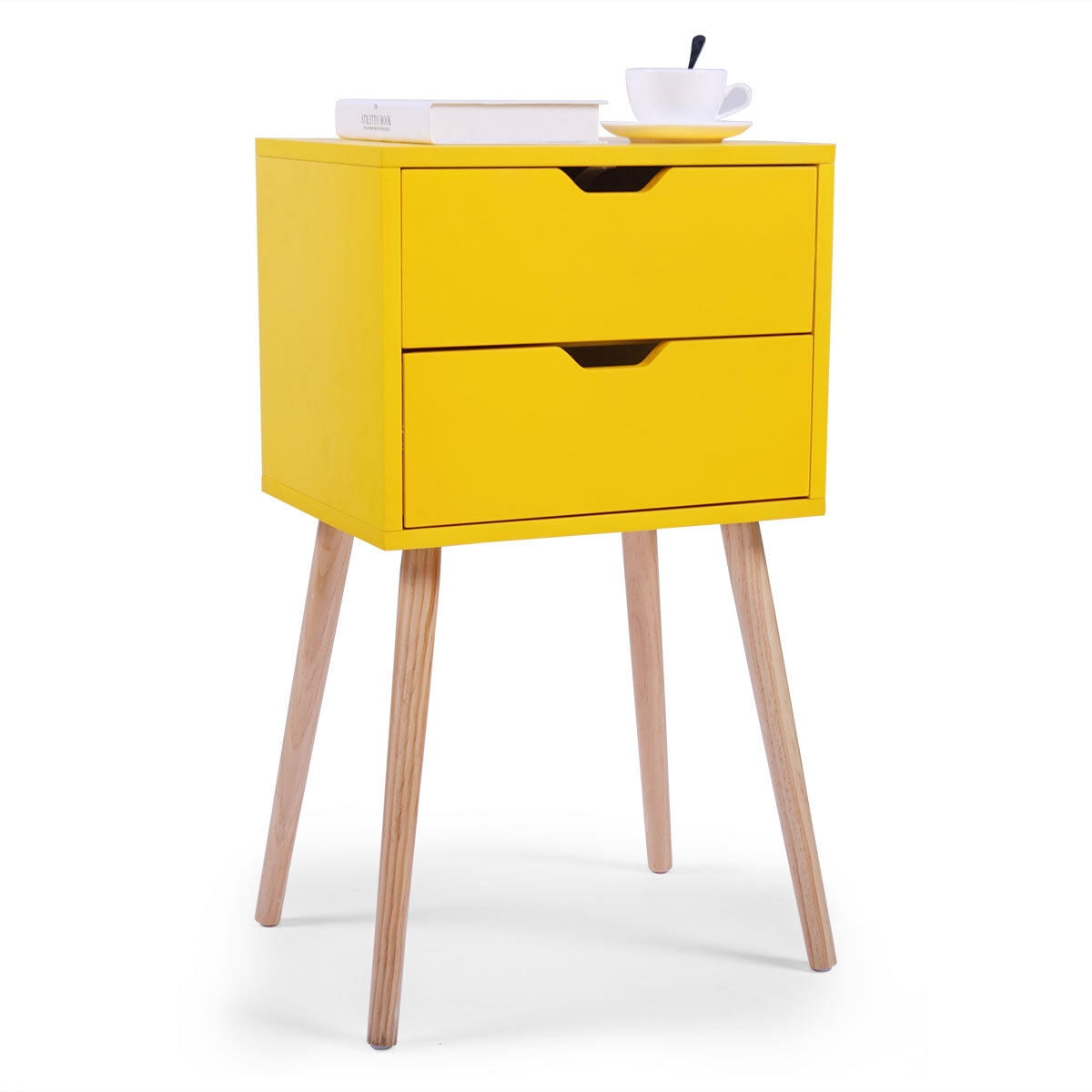 Kepooman Side Table Set of 2, Modern Design Night Stand with 2 Storage Drawer & Wood Legs - Yellow Kepooman Side Table Set of 2, Modern Design Night Stand with 2 Storage Drawer & Wood Legs - Yellow