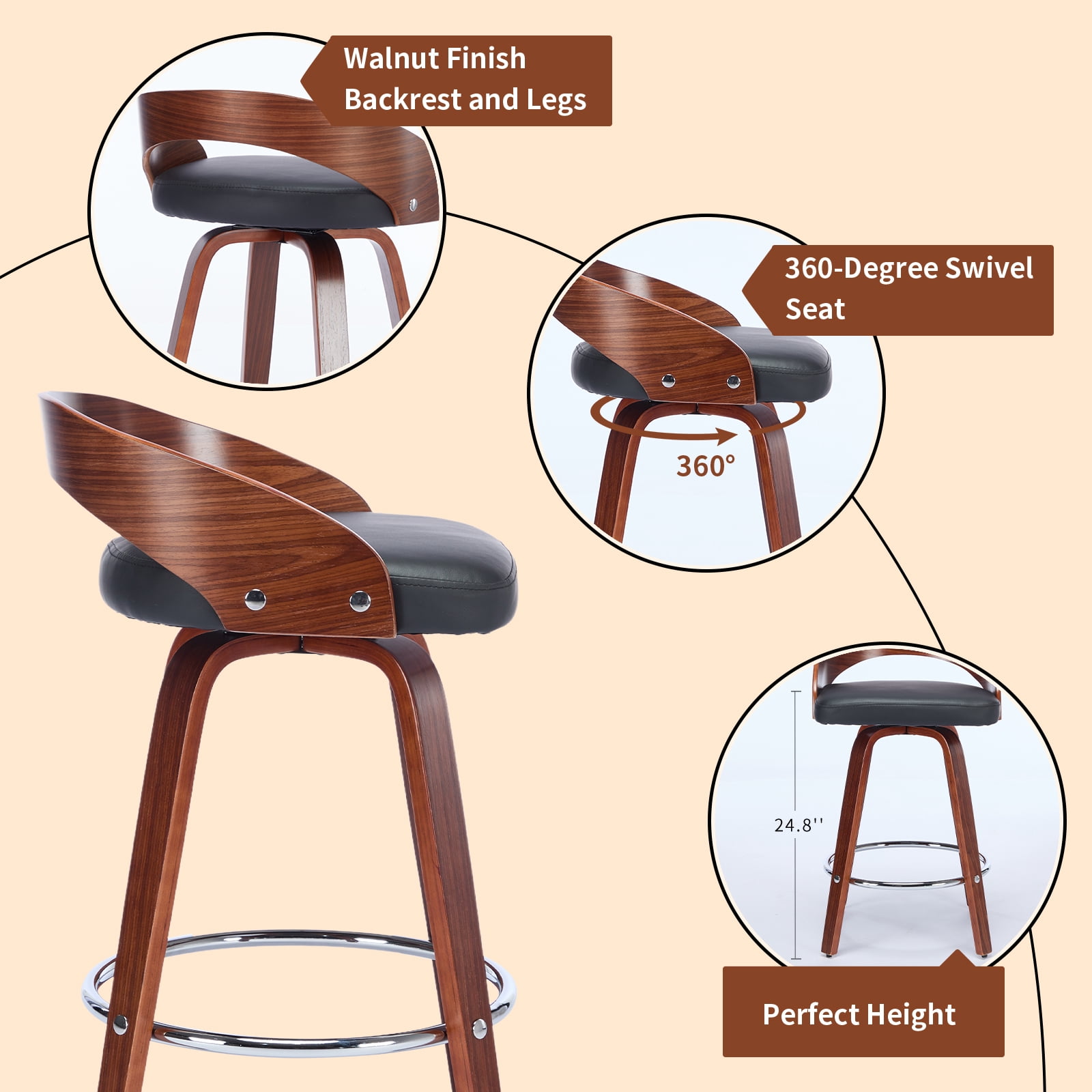 25" Counter Height Bar Stools Set of 4, Wood & PU Leather Counter Stools, Modern Swivel Bar Stools for Kitchen Counter Island, Barstool Chairs, Sillas Para Barra de Cocina (Black, 4 Pcs)